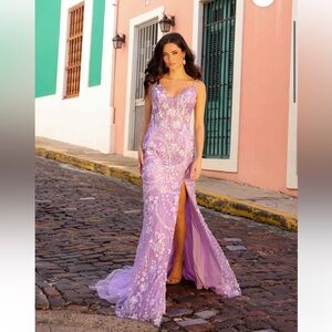 Sequin V-neckline High Slit Trumpet Dress by Nox Anabel